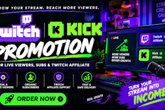 promote twitch and kick promotion for live viewers, subs and twitch affiliate