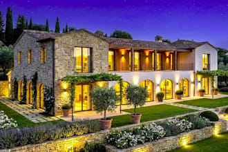 luxury mediterranean design, italian villa, house elevation, 3d garden space