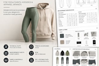 design production ready fashion tech pack, yoga pants, hoodie techpack