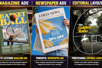 create business advert, editorial magazine ads newspaper, catalog design, layout