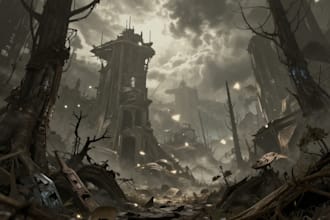 draw fantasy, post apocalyptic, background or concept art