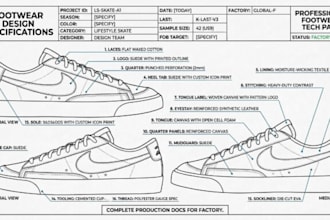 create shoe design shoe tech pack, footwear technical pack for factory ready