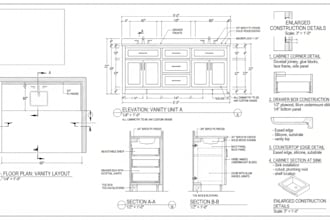 draft kitchen cabinet, vanity, bathroom drawings with dimension and construction