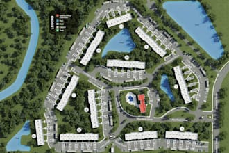 design 3d apartment community site plan map,cgi property layout illustration,dwg