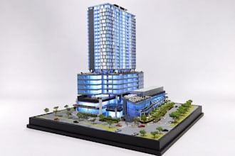 develop 3d diorama city highrise, streetscape podium,ground floor level building