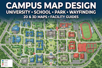 design campus map, university map, school map, park map and wayfinding maps