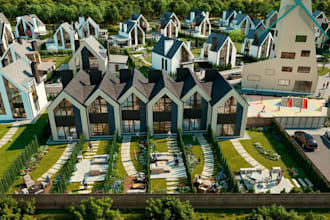 relayout 3d suburban townhouse,backyard render,lounge seating,detached cottage