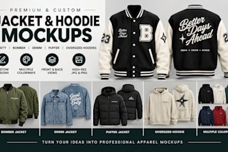 design varsity, bomber, denim, puffer jackets and oversized hoodies mockups