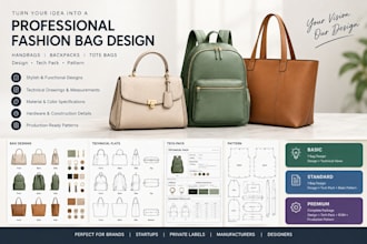 design fashion hand bag, backpack, tote bag, tech pack and bag pattern