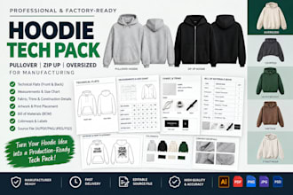 create pullover, zip up, oversized hoodie tech pack for manufacturing