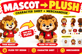 turn your mascot into a plush toy design, character sheet and merchandise