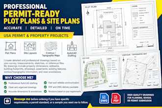 draw USA permit ready plot plan, contour map, and land survey in autocad