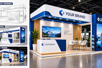 design a trade show booth, exhibition stand, backdrop, kiosk and 3d booth