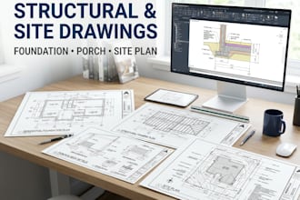 structural drawing, foundation plan, porch drawing and site plan