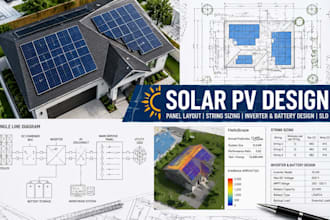 solar panel layout, string sizing, inverter and battery design, sld, helio scope