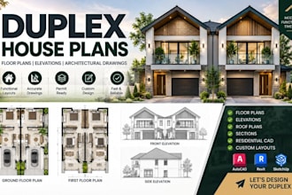 design duplex house floor plans, elevations, residential architectural drawings