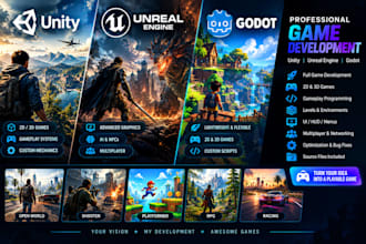 build unity unreal engine and godot games, 2d 3d game developer and programming