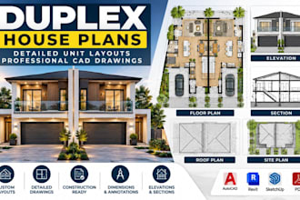 create duplex house plans with detailed unit layouts, professional cad drawings