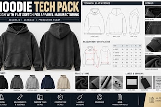 hoodie tech pack design with flat sketch for apparel manufacturing