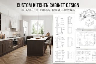 design kitchen cabinets, 3d layouts, elevation and cabinetry drawings