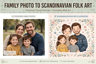 create scandinavian folk art family portrait illustration