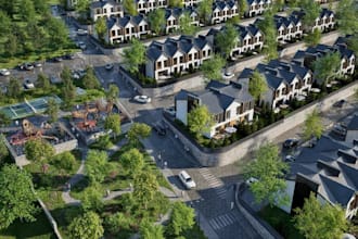 render 3d cottage community,house estate,recreational area,landscape,parking lot