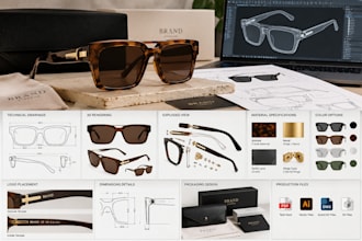 design professional eyewear tech pack design, factory tech pack and 3d rendering