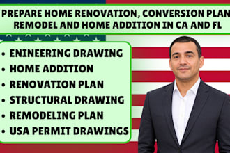 prepare renovation plan, garage conversion, remodel and permit drawings in ca fl