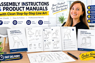 create assembly instruction and product manuals with clean step by step line art