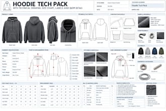hoodie tech pack with technical drawing, size chart, labels and bom details