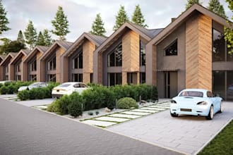 cgi3d residential row house,facade design,garden,duplex exterior,grill rendering