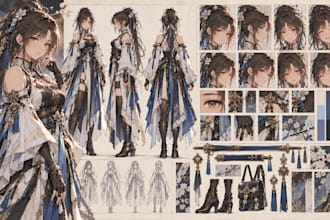 create a unique fantasy character concept and professional turnaround sheet