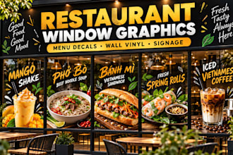design restaurant window graphics, wall vinyl stickers, menu boards and signage