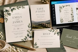 design canva wedding invitation, digital invite, rsvp card and save the date