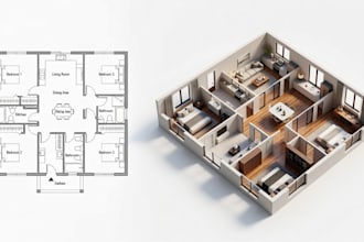 convert 2d floor plan to realistic 3d floor plan rendering