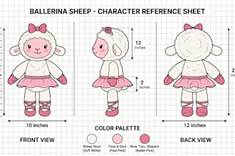 design a detailed plush toy reference sheet for manufacturing