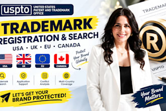 do trademark registration and trademark search in USA, UK, eu, and canada