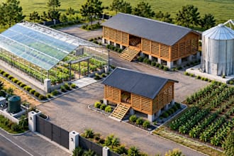 design 3d agricultural greenhouse, yam barn, maize crib and farm storage