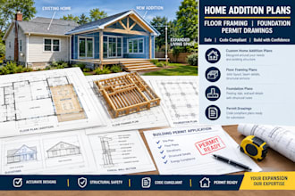 design home addition plans, floor framing, foundation and permit drawings