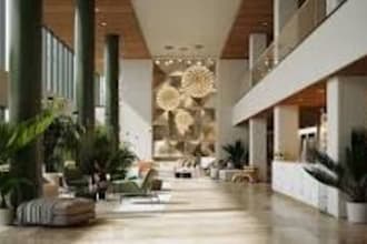 do 3d hotel design, swimming pool and reception