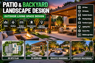 design patio, backyard landscape, outdoor living space with 3d plan sets