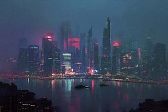 design a city art illustration of futuristic cyberpunk city