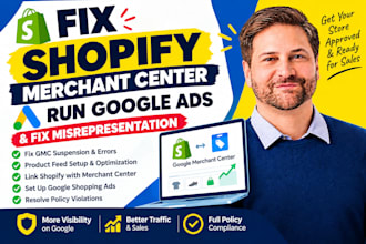 fix shopify store merchant center, run google ads, fix misrepresentation issues