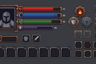 create pixel art UI kit for game interface hud inventory menu buttons icons