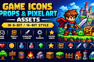design game icon props and pixel art assets in 8bit 16bit style