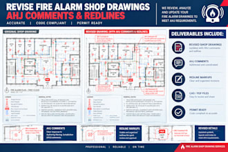 revise fire alarm shop drawings, ahj comments and redlines to permit plans
