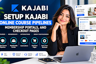 setup kajabi online course pipelines, membership portals, and checkout pages