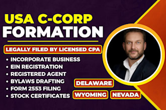 incorporate your us c corporation with ein, bylaws and registered agent, s corp