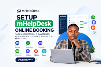 setup mhelpdesk online booking task automation payments quickbooks stripe zapier