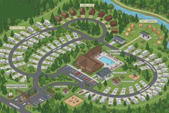 design rv park map, campground map, campsite layout, site plan, map illustration